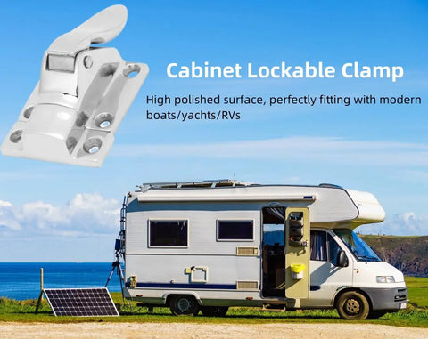 Top Shelf Marine Door Latch Featuring Rock Solid 316 Stainless Steel Construction And Smooth Twist Catch Mechanism Built For Boat Yacht RV Cabinet Setup Or Quick Upgrade Jobs, shown on a camper.