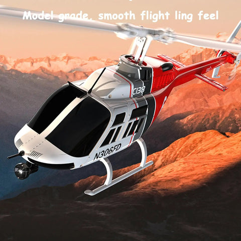 C138 Remote Control Helicopter One Thirty Three Scale Bell 206 Chopper flying over mountains at sunset