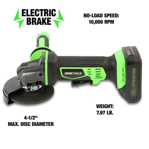Heavy Duty Four Inch Cordless Angle Grinder With 20V Lithium Ion Battery And 4 Amp Hour Power Pack, electric brake and 10,000 RPM speed.