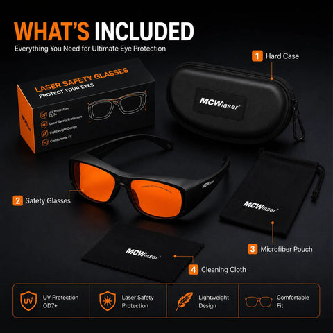 The Real Deal OD7 Plus Laser Safety Glasses With CE Certified Nano PC Lenses shielding eyes from rogue UV blue and green lasers across 190 to 540 nanometers for daily grind shops, with included hard case and cleaning cloth.