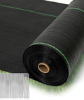 Heavy Duty Weed Barrier Fabric 3 Ft By 300 Ft Woven Geotextile 3.2 Oz Permeable Garden Cloth roll with green stripes and metal stakes