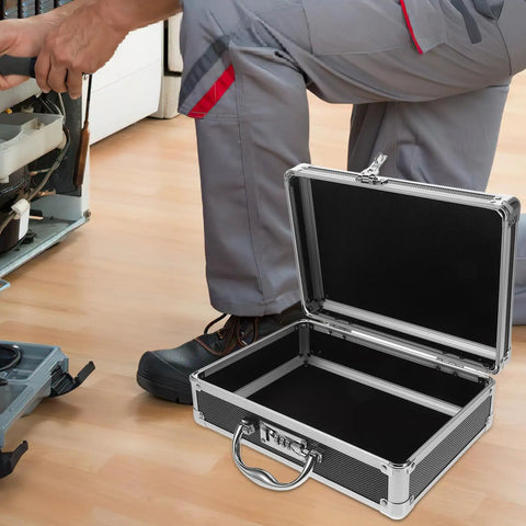 Heavy Duty Aluminum Tool Box With Secure Combination Lock, open case showing interior space on a job site.