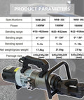 Heavy Duty Electric Rebar Cutter And Bender With 1800W Copper Motor, hydraulic product parameters table shown, detailing specs.