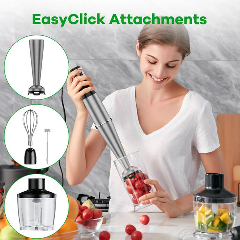 Woman using Heavy Duty Immersion Blender Handheld Corded 1100W Full Copper Motor 5-in-1 Hand Blender Set with EasyClick attachments.