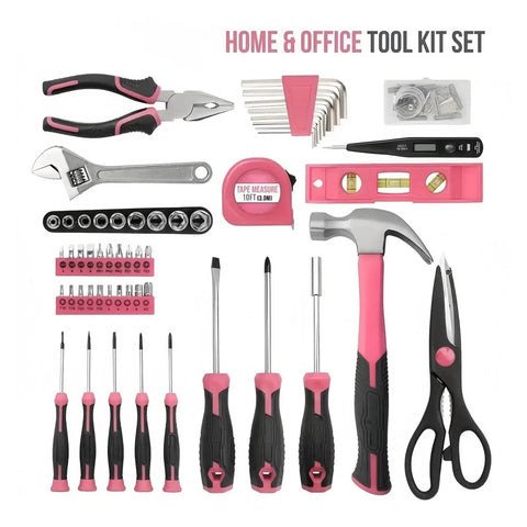 54 Piece Pink Tool Kit For Women Newbies DIY Home Repair Tools Set In Portable Toolbox. Includes hammer, pliers, scissors, screwdrivers.