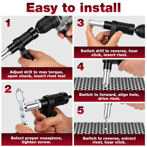 Steps to use Beefy Cordless Drill Rivet Attachment Kit with 4 heads for smooth riveting, showing detailed installation process.