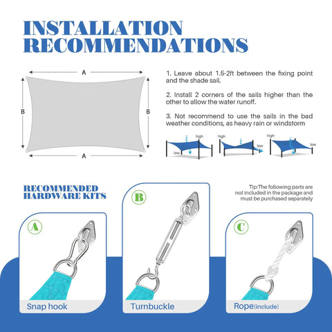 Installation guide for 10 By 13 Foot Waterproof Sun Shade Sail Rectangle Canopy for Outdoor Patio Pergola Backyard Garden UV Block Protection Turquoise Color