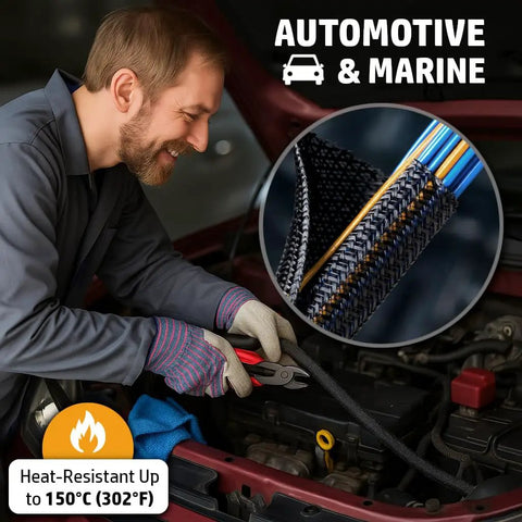 Mechanic using Split Sleeve Wire Loom For High Temperature Automotive Harness And Home Cable Management, 25 Feet Long, 1 Inch Diameter, Braided PET Polyester, Heavy-Duty, Heat Resistant Wrap With Easy Wrap Split Design And 25 Percent Overlap