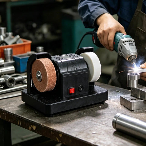 Workhorse Dual Wheel Electric Knife Sharpener And Polisher With Double Grinding Plates For Quick Kitchen Tool Upkeep Rust Removal And Precision Blade Honing In Your Home Shop Setup on a workshop table.