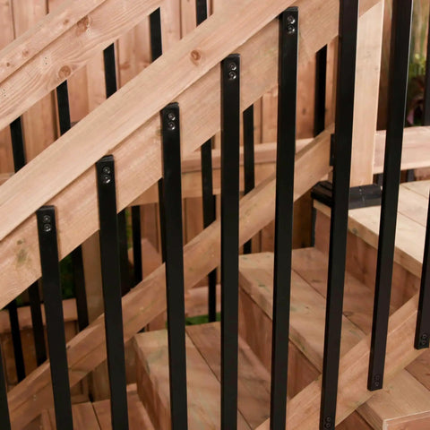 Rectangular Baluster One Inch By Half Inch, Thirty Two Inch Long, Built Tough Heavy Gauge Galvanized Steel With Powder Coated Black Finish, Thermally Bonded Glossy Surface, Set Of 10 For Railings And Stairs installed on wooden staircase.