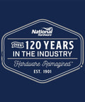 National Hardware logo stating over 120 years in the industry on a blue background with established in 1901.
