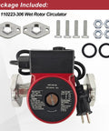 Direct Replacement 110223306 Wet Rotor Circulator Pump showing pump, fittings, screws, and washers for installation.