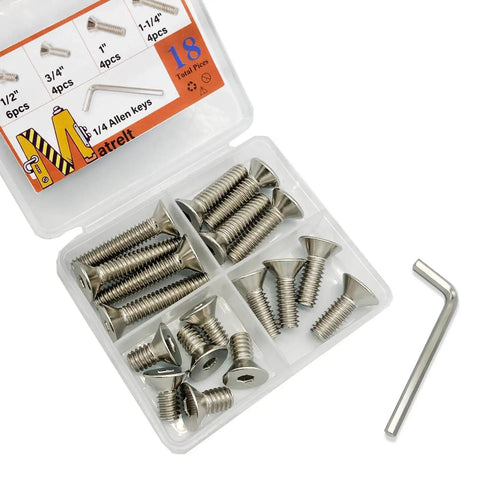 18 Piece 1/4-20 Countersunk Head Socket Cap Screws Set With Allen Keys In 304 Stainless Steel Four Lengths 1/2 Inch 3/4 Inch 1 Inch 1-1/4 Inch Corrosion Resistant Machine Screws Kit