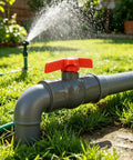 1/2 Inch SCH80 Pvc Ball Valve Socket To Socket Shut Off For Irrigation And Pool Plumbing in grass with quarter turn handle.