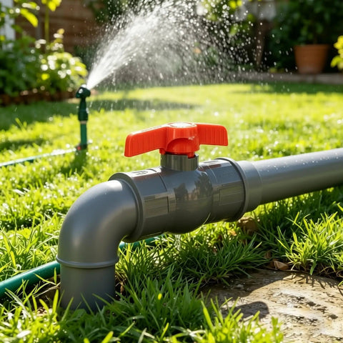 Rock Solid 1 Inch Sch80 Pvc Ball Valve 4 Pack with red handle, used for irrigation systems in a garden setting.