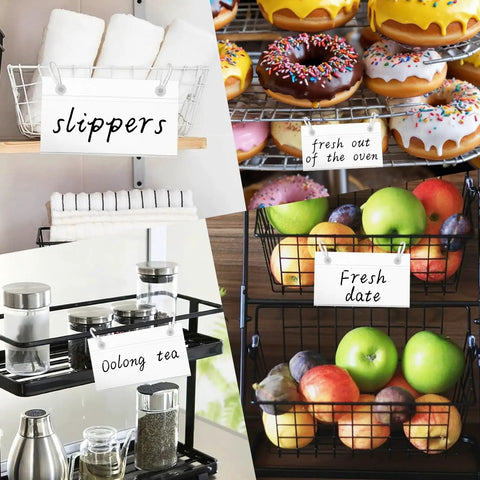 100 Pack Clear Transparent Wire Shelf Label Holders displaying labels for slippers, oolong tea, donuts, and fresh fruits.