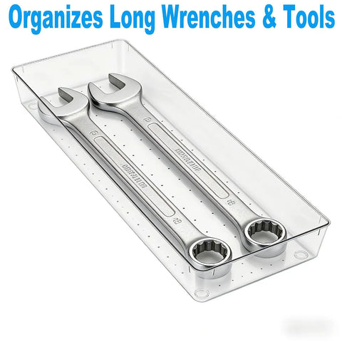 4 Pack 15x6 Inch Extra Large Clear Plastic Drawer Organizer Trays For Vanity Makeup Kitchen Utensils Bathroom Office Desk Auto Tools And Craft Supplies Ultra Handy Multi Purpose Storage Bins with wrenches inside