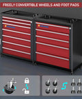 Heavy Duty Seven Drawer Rolling Tool Chest With Lockable Drawers And Waterproof Top Red Mobile Workshop Cabinet angle showing convertible wheels and foot pads.