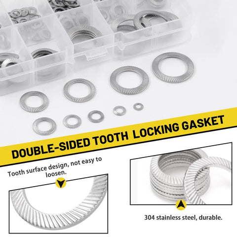 160Pcs 304 Stainless Steel Wedge Locking Washer Kit Conical Knurled Double Side Spring Washers in assorted sizes and shapes.