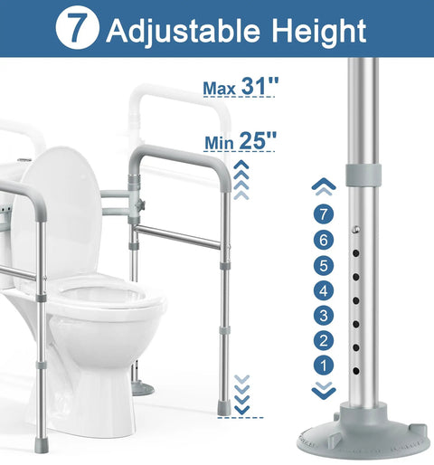 Rock Solid Adjustable Toilet Safety Rail And Grab Bar For Seniors, Supports Up To 350 Pounds, features adjustable height.