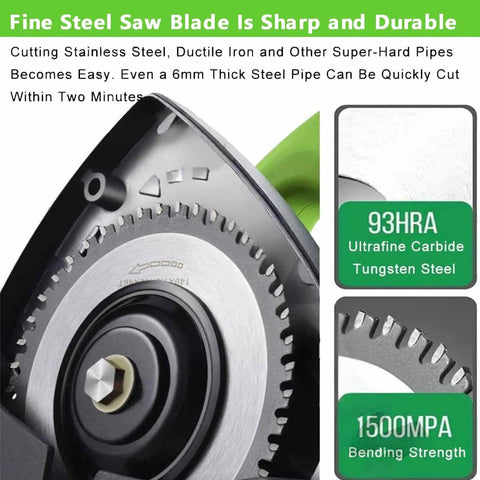 Close-up of Beefy Heavy Duty Pipe Cutter blade, showing sharp teeth and specs for cutting stainless steel and other hard metals.