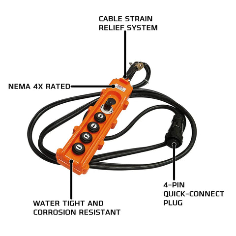 Four-Button Pendant Controller For Electric Hoist And Trolley, 10 Ft Cord, 24V, 4-Pin Quick-Connect, Push-Button Remote With Strain Relief