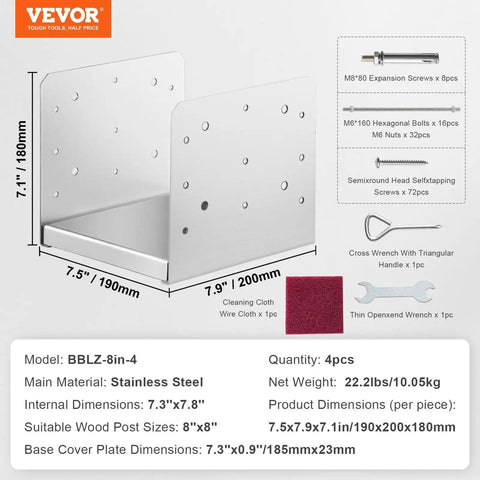 Adjustable 8 By 8 Post Base Bracket Set, Stainless Steel Post Anchor For Pavilion Deck Porch Handrail Railings, shown with dimensions and screws