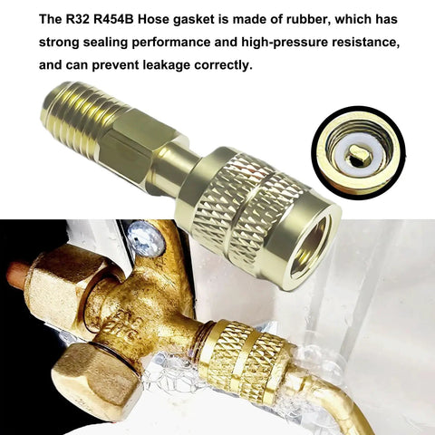 Top Shelf 1/4 Inch Sae Brass Refrigerant Adapter For R32 And R454B Gas Cylinders Featuring A Slick Wrench Free Twist Handle Quick Disconnect Coupler For A2L Mini Split Ac Hvac close-up view of brass adapter and fittings