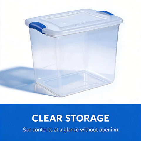 27 Quart Clear Plastic Storage Bin With Lock Down Latching Lid Stackable Organizer Tote For Home Clutter Control, showcasing clear view and blue latches.