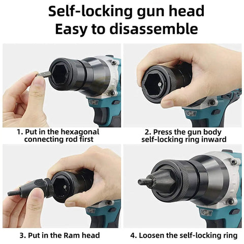 Badass Cordless Rivet Gun And Knockout Rivet Nut Setter Featuring 21 Volt Brushless Motor showing self-locking head disassembly steps.