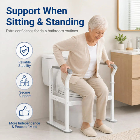 Senior using Bombproof Toilet Safety Rails With 500 Lb Capacity For Seniors And Elders for support in bathroom.