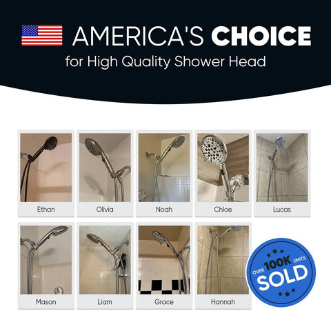 Grid display of 9 Function Shower Head With Built In Power Spray And Pause Button For Deep Clean Rinses, 1.8 GPM, various installations.