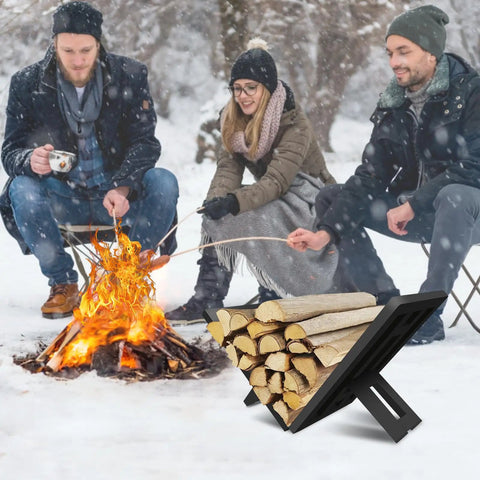 Indoor Outdoor Firewood Rack Portable Wood Log Holder for Fireplace or Firepit with people by a campfire in snowy setting