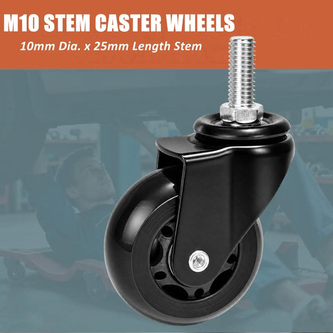 M10 Stem Caster Wheels with 10mm diameter and 25mm length stem for Heavy Duty 6 Pack Creeper Replacement Wheels 2.5 Inch Smooth Rolling Rubber Casters.