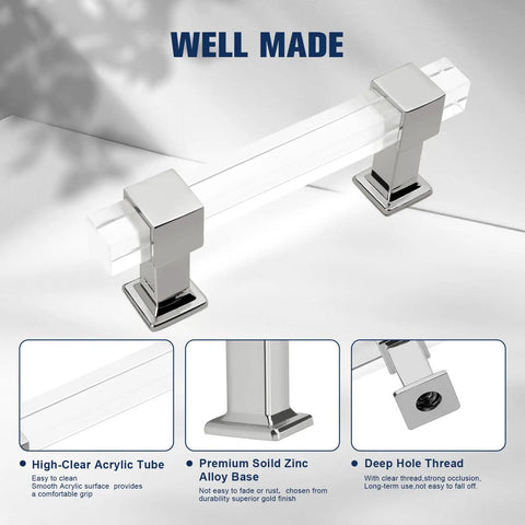 Slick 30 Pack Kitchen Cabinet Pulls With Square Clear Tube, 90mm Center To Center, Acrylic Handles With Zinc Alloy Base In Polished Chrome