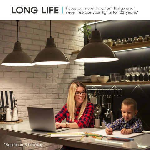 Woman and child reading under pendant lights in kitchen, illustrating An A19 LED Bulb 75W Equivalent 1100 Lumens 3500K Natural White Dimmable Energy Star Enclosed Fixture Rated E26 Medium Base Indoor And Outdoor 24 Pack Ideal For Ceiling Fans Lamps Chandeliers And Outdoor Fixtures.