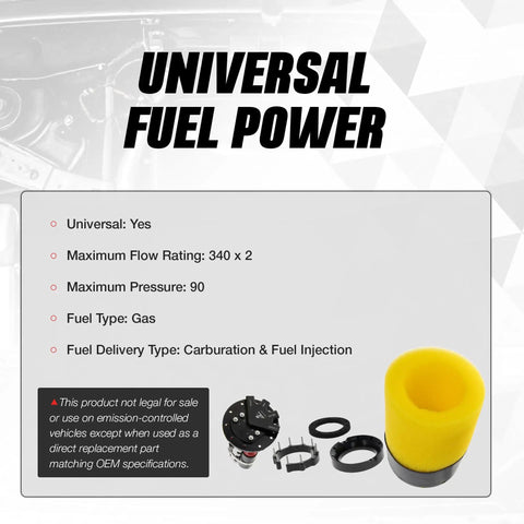 Universal fuel power system with dual 340 flow ratings, compatible with gas and includes related accessories.