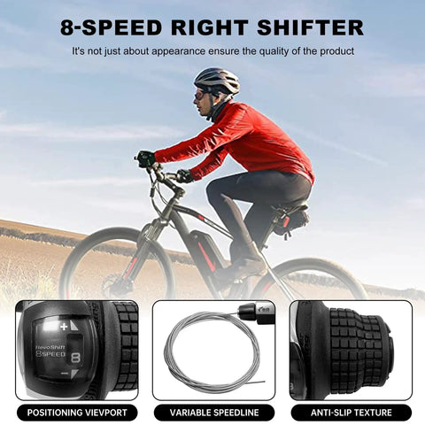 Cyclist using 8 Speed Thumb Activated Bike Gear Shifter Lever For Mountain Road And Racing Bikes with close-up images of shifter details