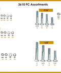 Assortment of screws and nuts from All In One Metric Coarse Hardware Kit With 3,610 Pieces on white background, showing various sizes.