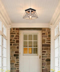 Farmhouse White Square Ceiling Light Fixture Semi Flush Mount With Rustic Iron Frame And Faux Wood Grain Finish installed in entryway