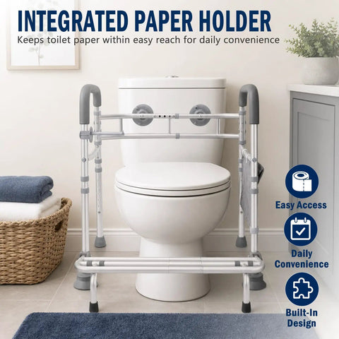 Premium Heavy Duty Toilet Safety Rails for Seniors 500 Lbs Weight Capacity with integrated paper holder and adjustable aluminum frame.