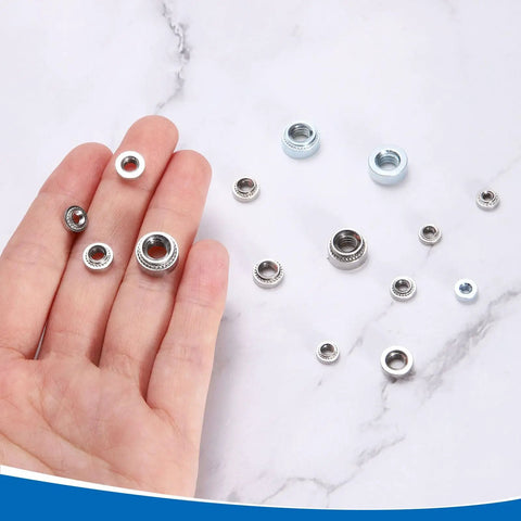 Heavy Duty 304 Stainless Steel Self Clinching Nuts 1/4 Inch Thread X 0.26 Length 25 Piece Pressure Rivet Nut Kit in hand