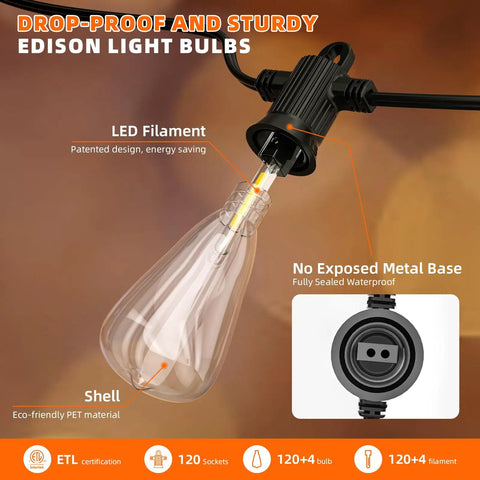 Close-up of LED bulb from Outdoor 240ft Vintage Style LED String Lights Waterproof For Patio Yard Balcony Gazebo Porch