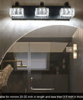 Three Light Black Brass Vanity Light For Bathroom Mirror LED Wall Fixture With Crystal Lampshades, mounted over mirror