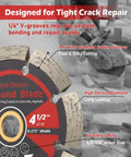 Heavy Duty Diamond Crack Chaser Blade For Concrete Repair Work Built Tough to Chew Through Pavement on Any Standard 4 5 Inch Angle Grinder Featuring a Secure 7 8 Inch Arbor and a Razor Sharp Cut.