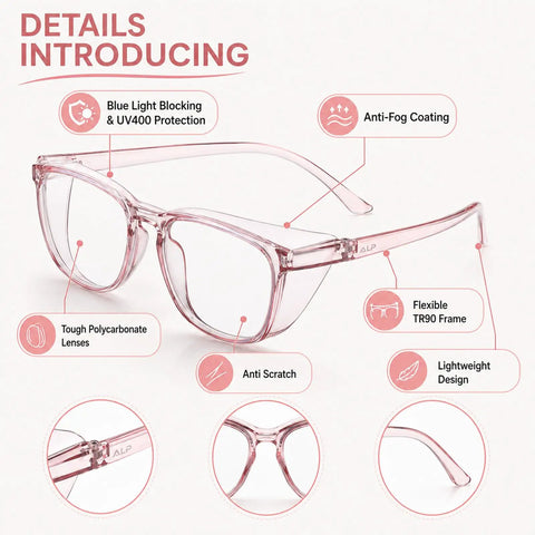 Womens Super Safe Glasses Anti Fog Scratch Proof Clear Lenses Side Shields Stylish Eye Protection For Nurses Labs Daily Grind Snazzy Goggles Youll Absolutely Love, pink color with flexible TR90 frame.