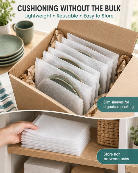 Tough As Nails Foam Pouches That Crush The Bumps During Shipping With Solid Cushion Wrap Sleeves For Fragile Gear In 60 Pack Multi Size No Sweat Packing Supplies For Easy Moves Zero Damage Promise, shown in a box with plates.