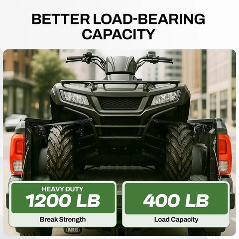 ATV loaded with Rotating Retractable Ratchet Straps For Toyota Tacoma Tundra And Jeep Gladiator Bed Rails in truck bed