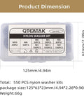 Nylon Flat Washer Kit 510 Pcs Assortment Set For Electrical Connections In Home And Commercial Appliances Including M2 M2.5 M3 M4 M5 M6 M8 M10 Sizes For Quick DIY Repairs And Hardware Projects shown in package with dimensions labeled.