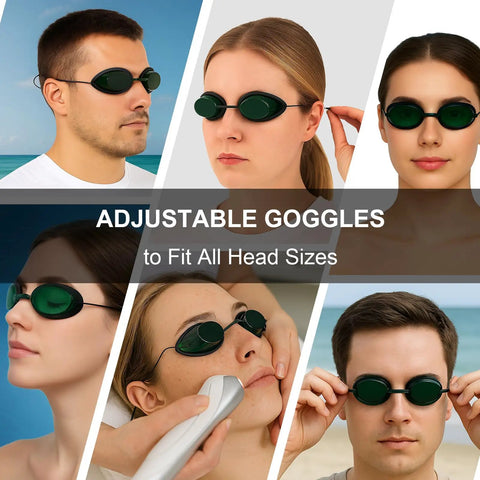 Total Game Changing IPL Eye Shields For Beauty And Spa Procedures Featuring Crazy Comfy Silicone Cushions And Crystal Clear Lenses Built Dang Tough To Block Laser And Led Glow Completely Includes 2 Pair, adjustable goggles model shown on various users.